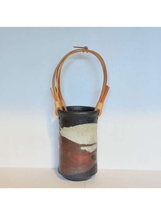 Warren Andrade Other - Warren Andrade Raku Pottery Vase 1999 Bamboo Handle Hawaii Artist 12"H w/ handle